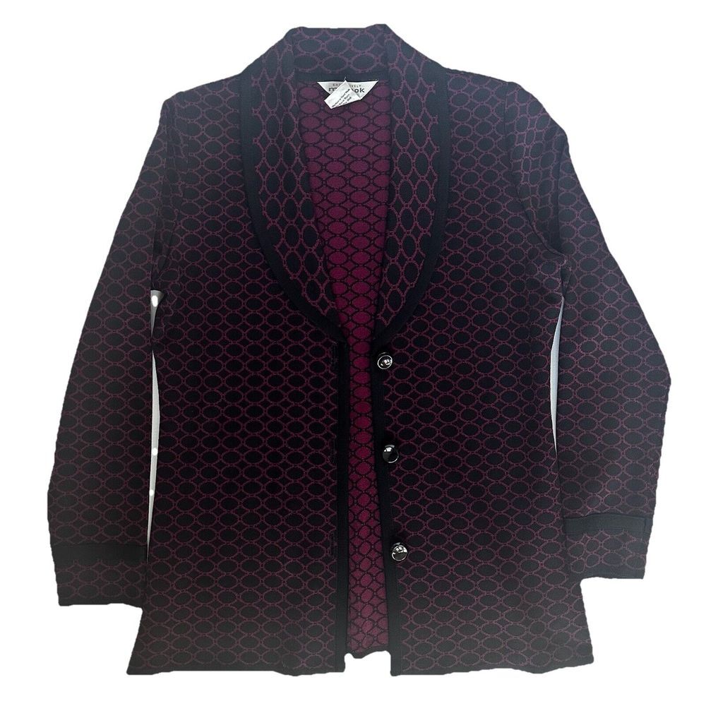 Exclusively Misook Womens Button Cardigan Size XXS Red Black Circle Print Knit